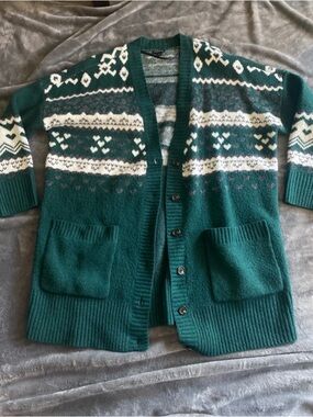 Green Fair Isle Button-Front Cardigan Sweater